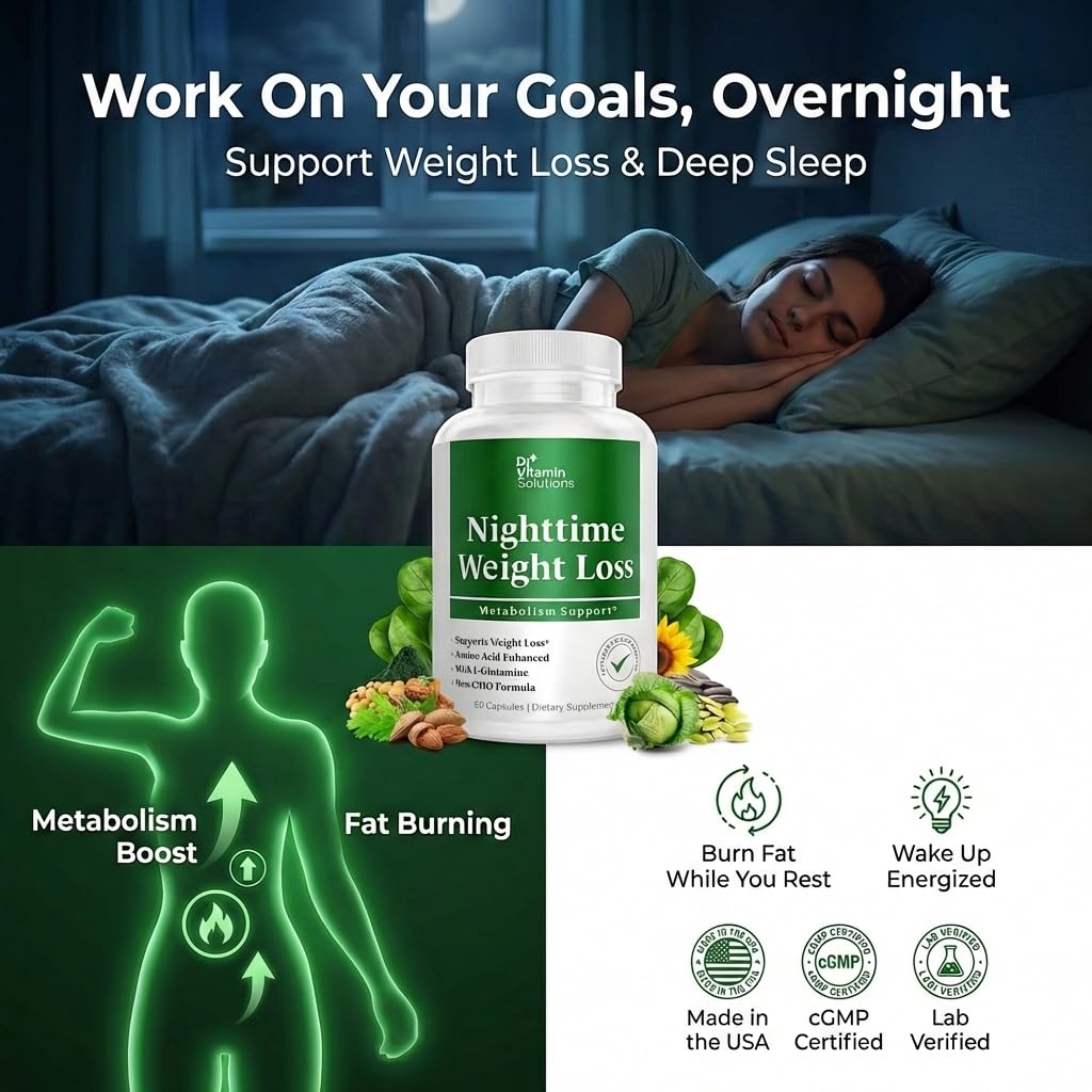 DR VITAMIN SOLUTIONS Nighttime Fat Burner label close-up shows ingredients.