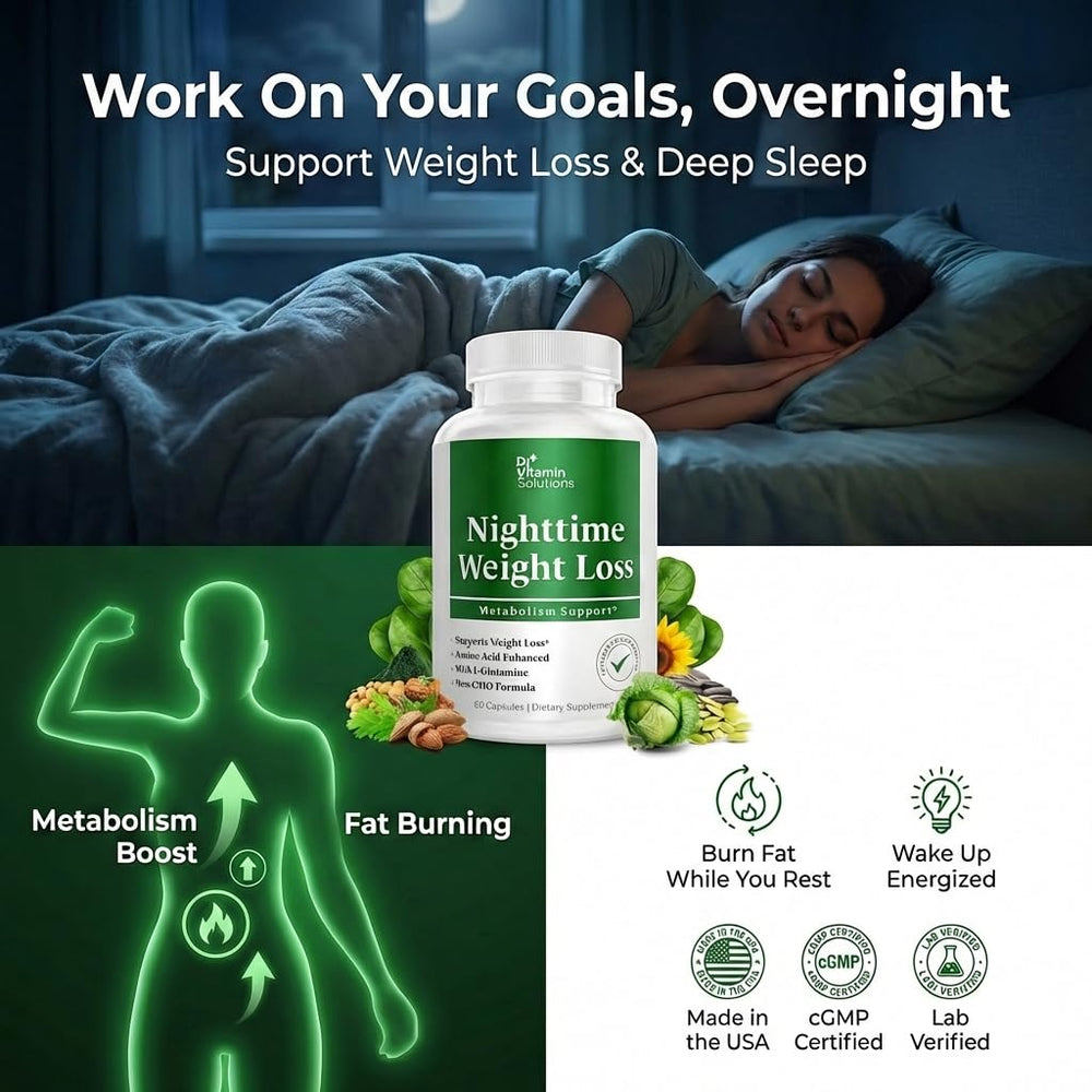 DR VITAMIN SOLUTIONS Nighttime Fat Burner label close-up shows ingredients.