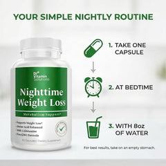 DR VITAMIN SOLUTIONS Nighttime Fat Burner sleeping scene suggests restful nights.