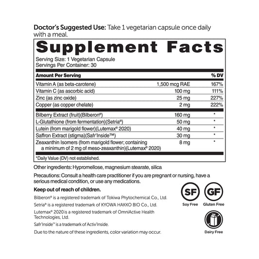 DR.WHITAKER Vision Essentials Ultra bottle close-up capsule highlighting easy ingestion.