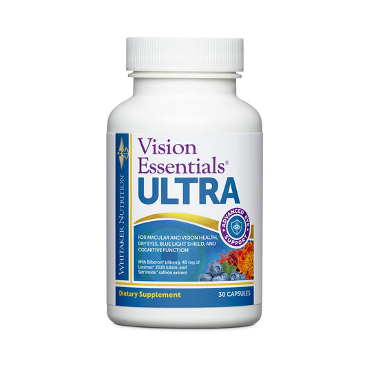DR.WHITAKER Vision Essentials Ultra bottle front promotes convenient daily eye support.