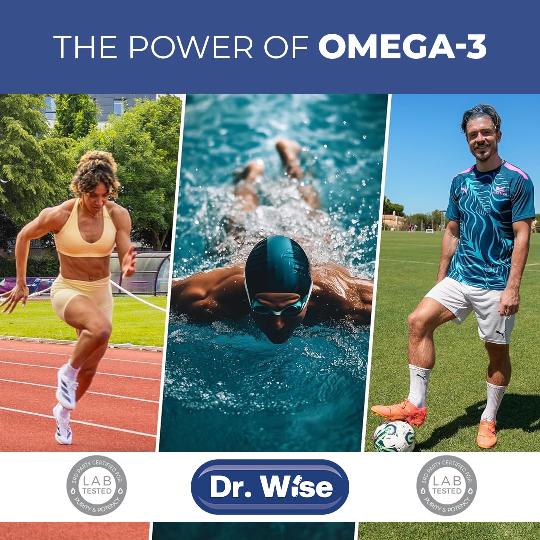 Front view of Dr Wise omega-3 bottle highlighting potency