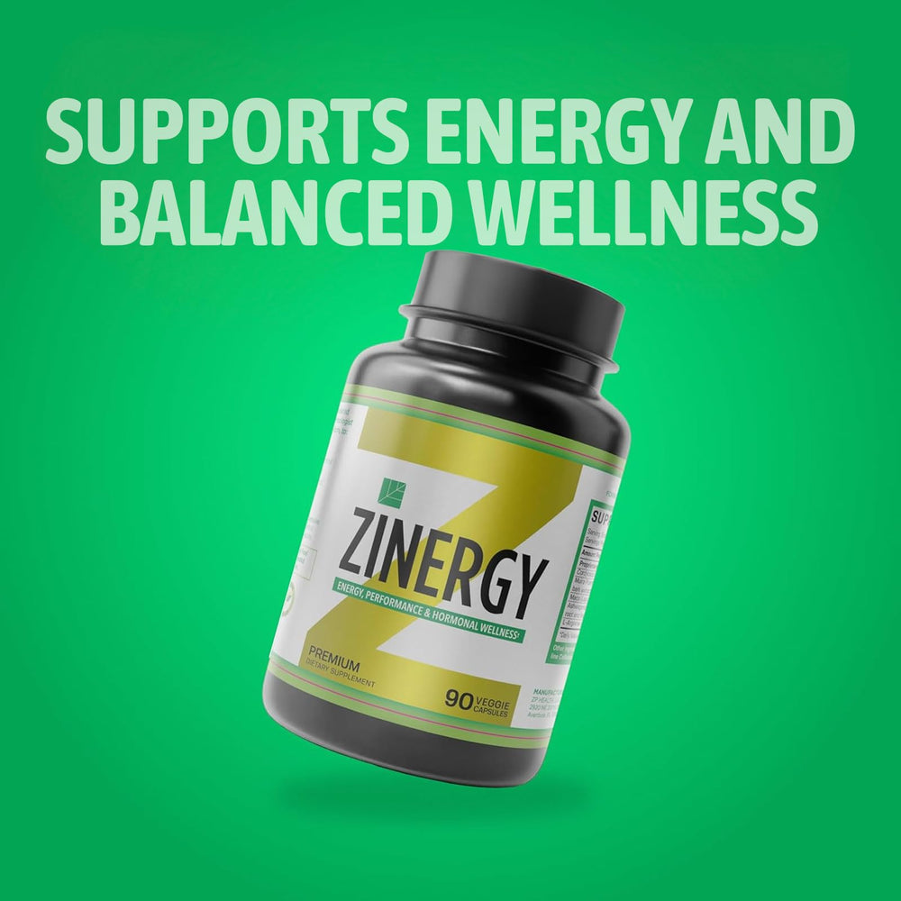 Dr. Zisman Zinergy bottle beside healthy snacks for energy lift.