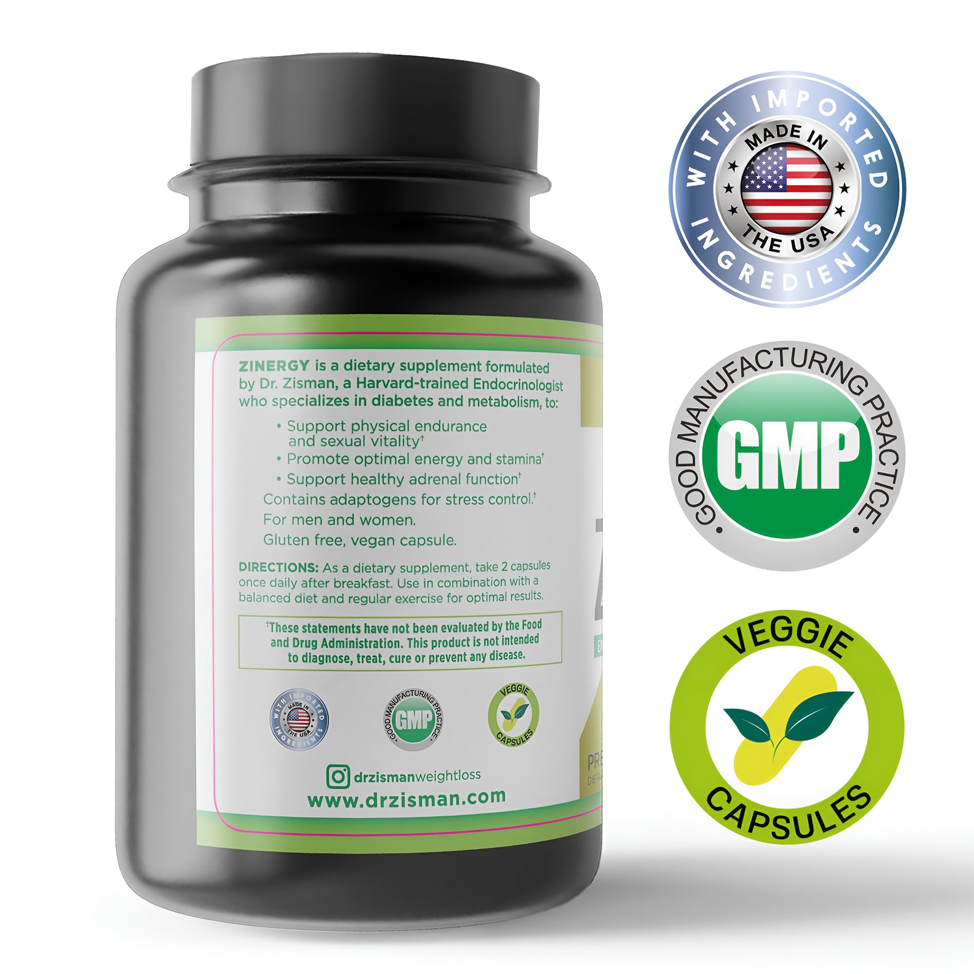 Dr. Zisman Zinergy capsules close-up highlighting premium natural ingredients for balanced energy.