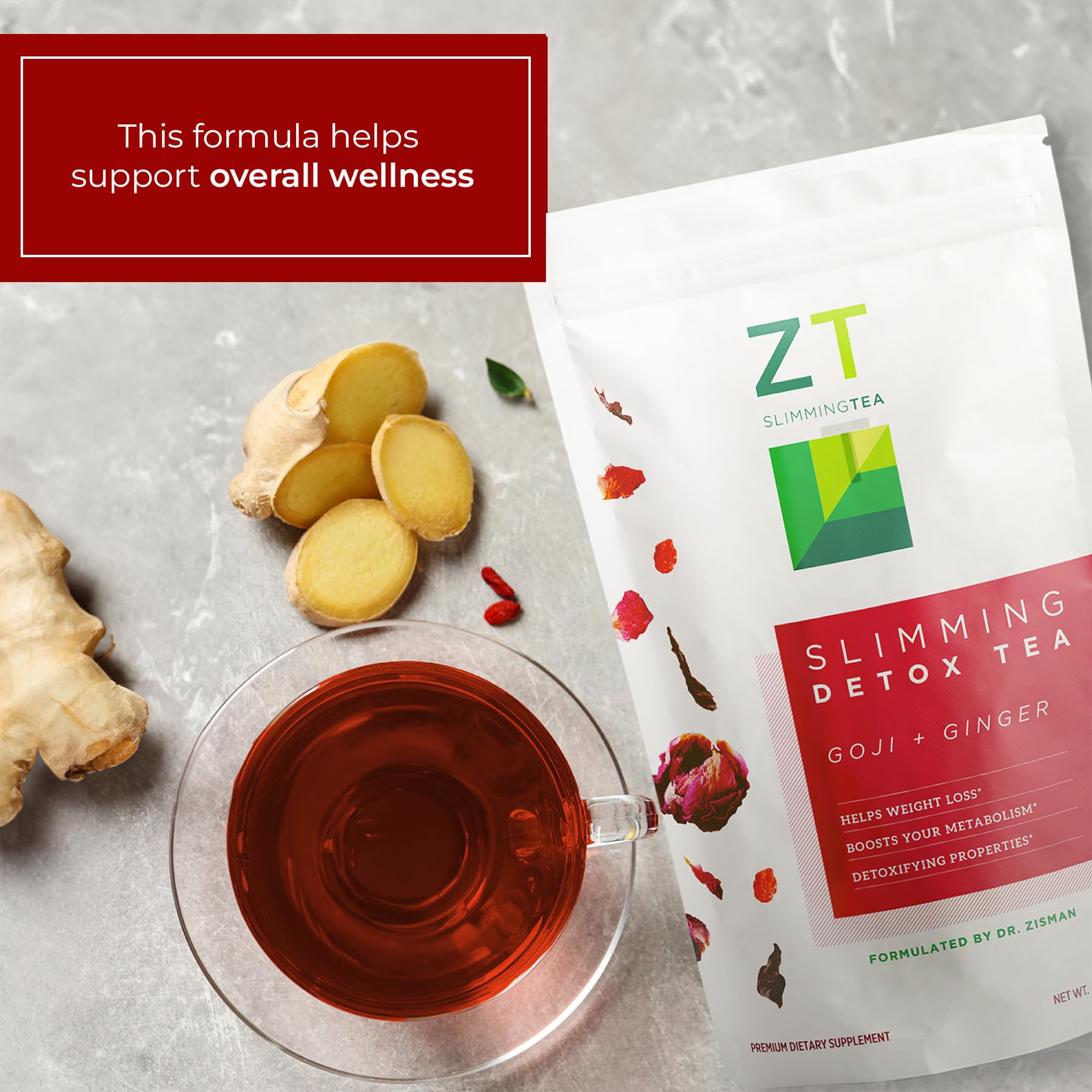 Dr. Zisman ZT Slimming Tea brand label on packaging signaling quality.