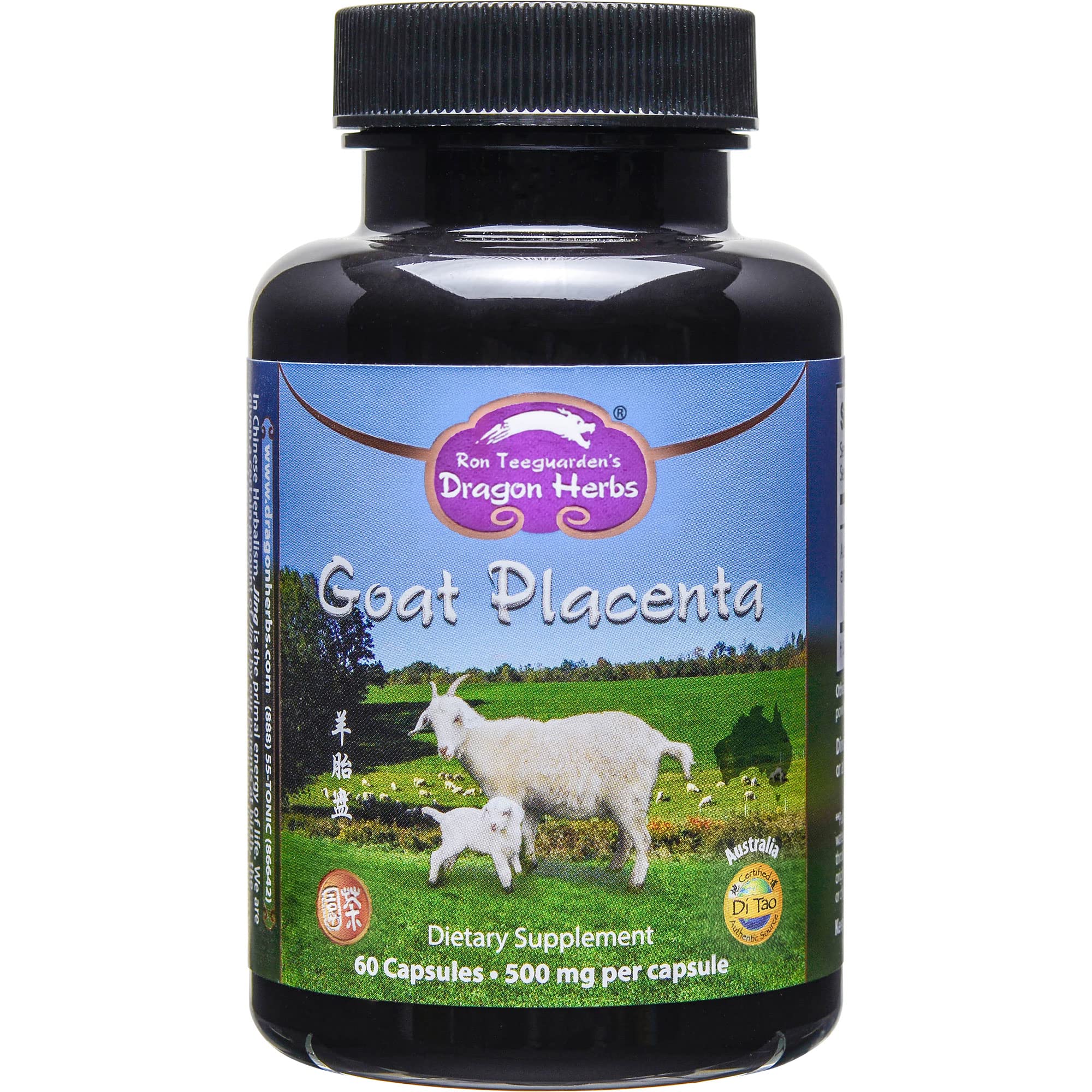 Dragon Herbs Goat Placenta Capsules bottle shows the potent 20:1 extract for daily vitality.