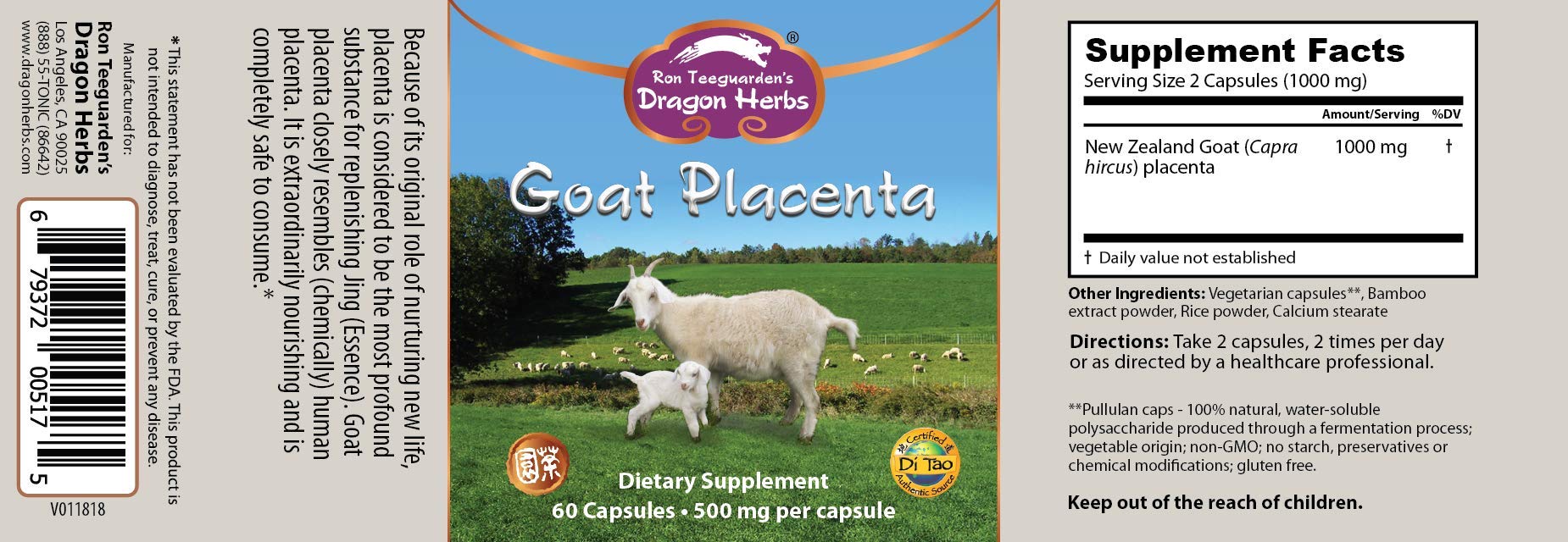 Dragon Herbs Goat Placenta Capsules label highlights 500 mg potency and supplement details.