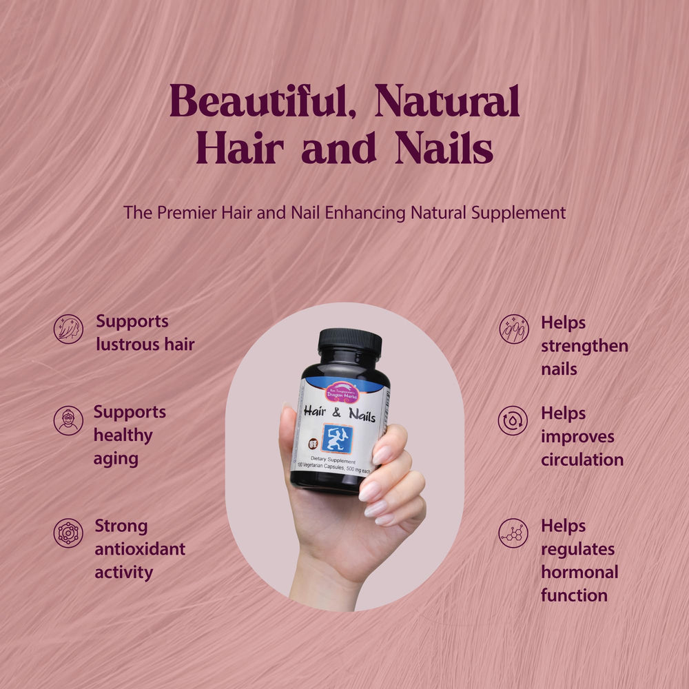 Dragon Herbs Hair and Nails capsules convenient daily supplement for healthy growth.