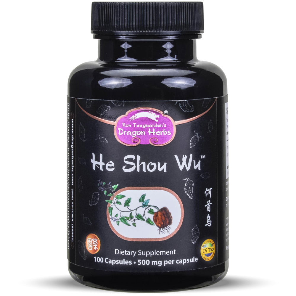 Dragon Herbs He Shou Wu capsules on a desk for daily energy support