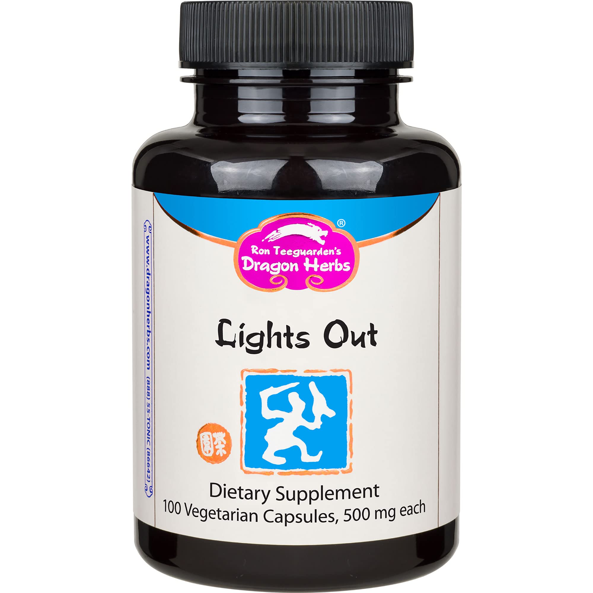 Dragon Herbs Lights Out bottle with capsules, showcasing a sleep-support herbal blend.