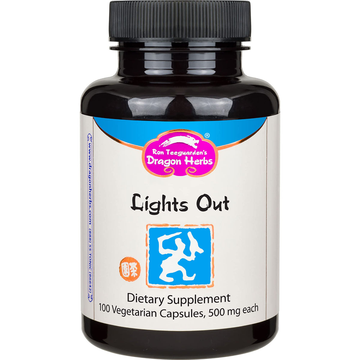 Dragon Herbs Lights Out bottle with capsules, showcasing a sleep-support herbal blend.
