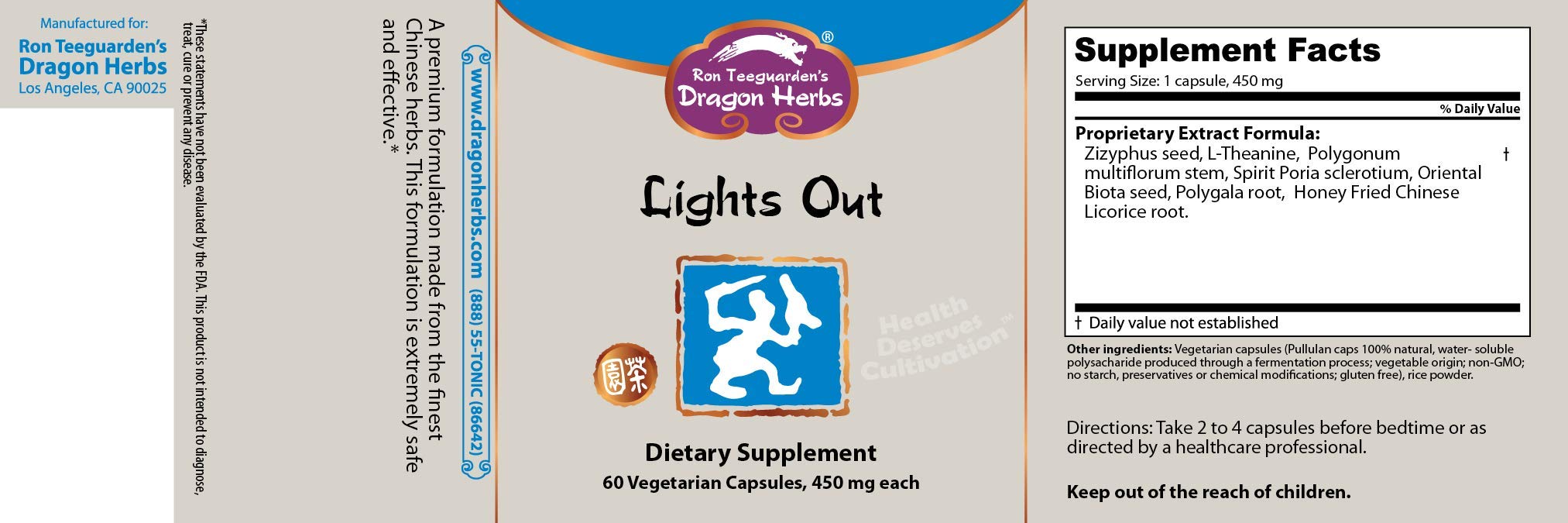 Dragon Herbs Lights Out label close-up highlighting ingredients and dosage details.