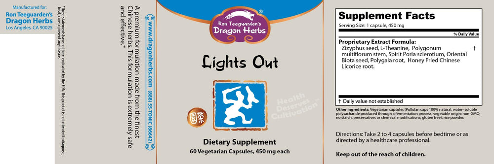 Dragon Herbs Lights Out label close-up highlighting ingredients and dosage details.