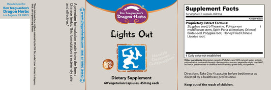Dragon Herbs Lights Out label close-up highlighting ingredients and dosage details.