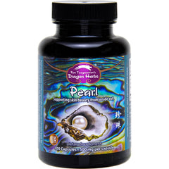 Dragon Herbs Pearl Powder Capsules bottle close-up highlighting radiant skin support.