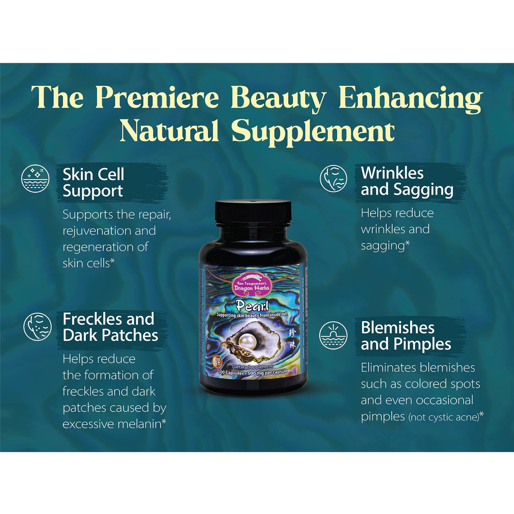 Dragon Herbs Pearl Powder capsules on a clean surface suggest daily beauty routine.