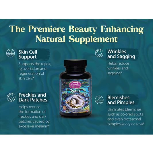 Dragon Herbs Pearl Powder capsules on a clean surface suggest daily beauty routine.