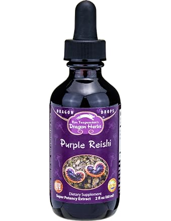 Dragon Herbs Purple Reishi Drops label, highlighting sustainable sourcing.