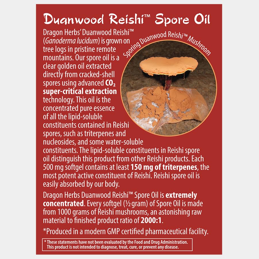 Dragon Herbs Reishi Spore Oil softgel capsules close-up, easy-to-swallow daily supplement.