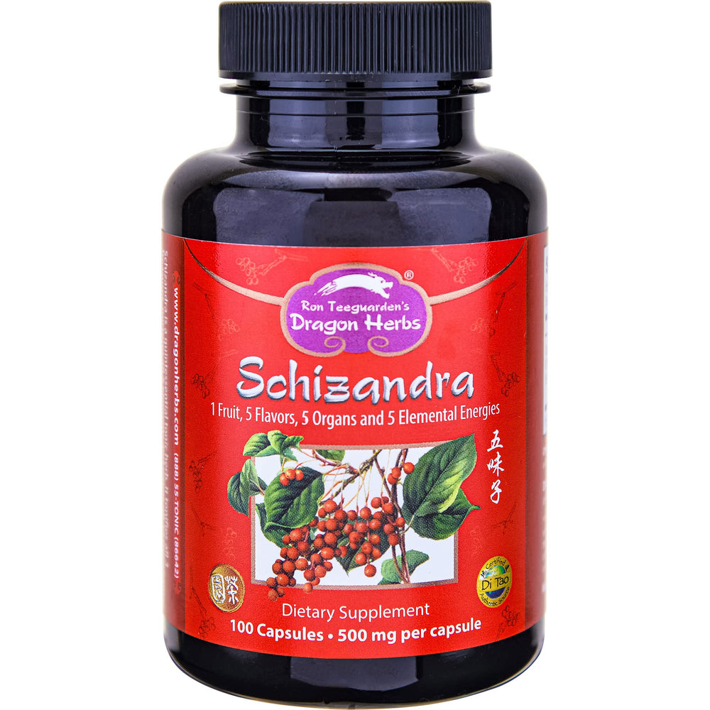Dragon Herbs Schizandra capsules bottle front promote daily vitality.
