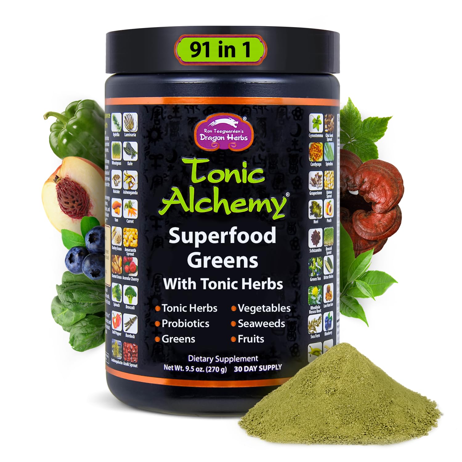 Dragon Herbs Tonic Alchemy bottle with powder, suggesting daily energy and wellness support.