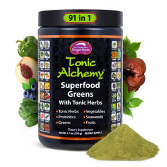 Dragon Herbs Tonic Alchemy bottle with powder, suggesting daily energy and wellness support.