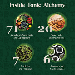 Dragon Herbs Tonic Alchemy glass jar, vibrant greens enriching smoothies and daily energy.