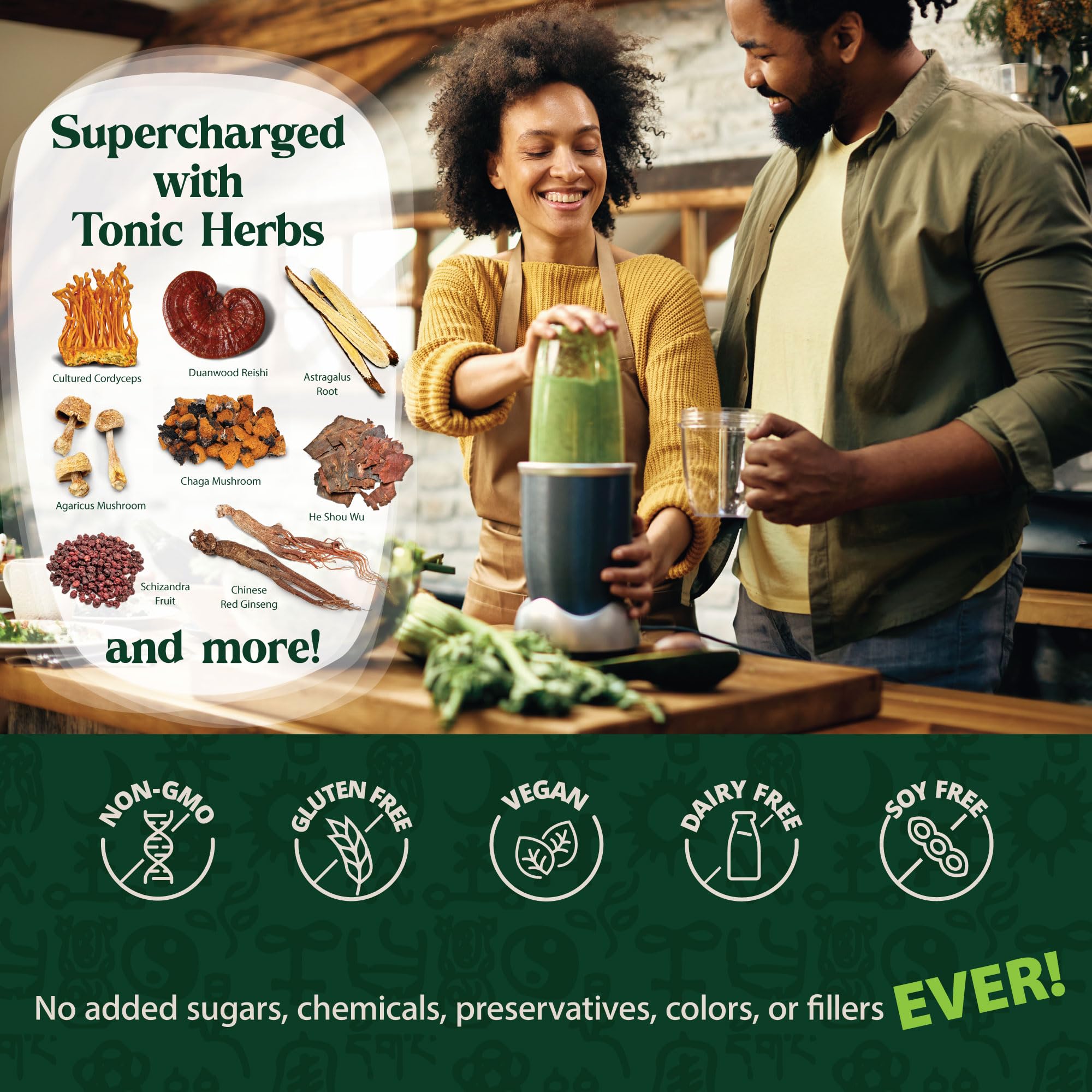 Dragon Herbs Tonic Alchemy in a glass with shake, promoting focus and overall vitality.