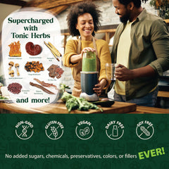 Dragon Herbs Tonic Alchemy in a glass with shake, promoting focus and overall vitality.