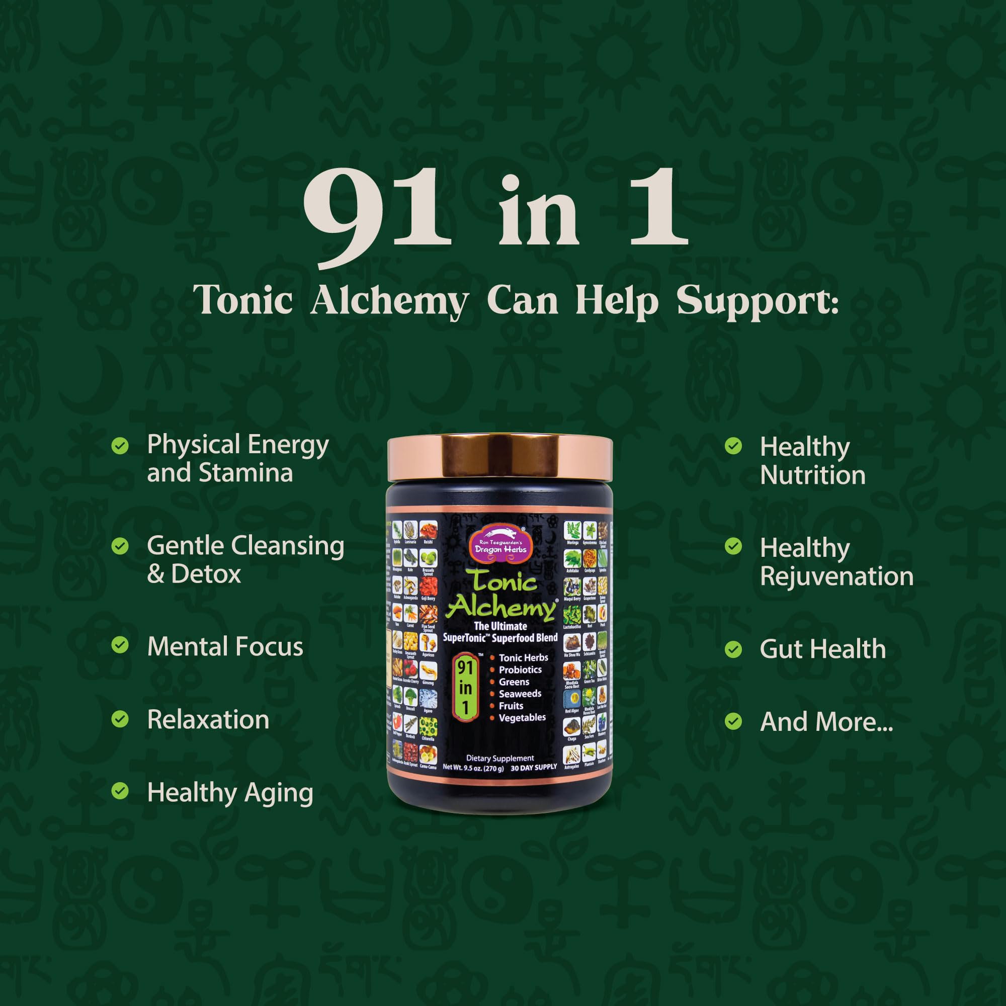 Dragon Herbs Tonic Alchemy ingredients collage, highlights greens, mushrooms, probiotics for holistic nourishment.