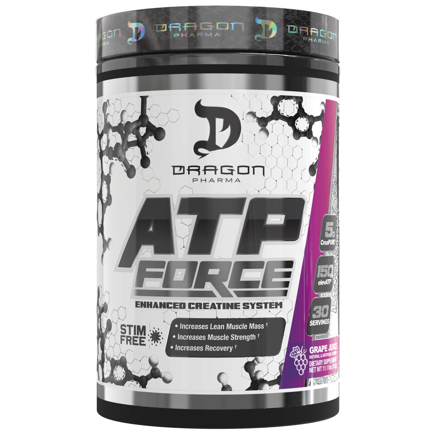 DRAGON PHARMA ATP FORCE bottle label emphasizing 5 g CreaPure creatine.