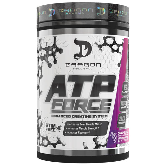 DRAGON PHARMA ATP FORCE bottle label emphasizing 5 g CreaPure creatine.
