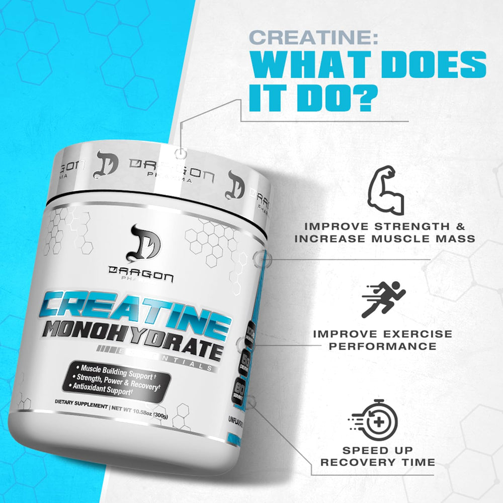 Dragon Pharma Creatine Monohydrate daily-use tub sits on gym shelf
