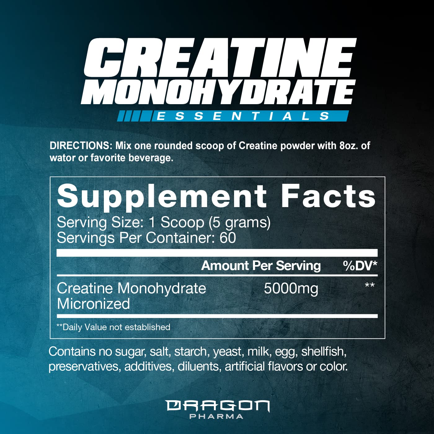 Dragon Pharma Creatine Monohydrate label close-up emphasizing purity