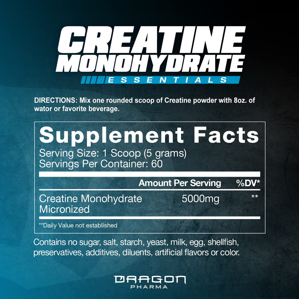 Dragon Pharma Creatine Monohydrate label close-up emphasizing purity