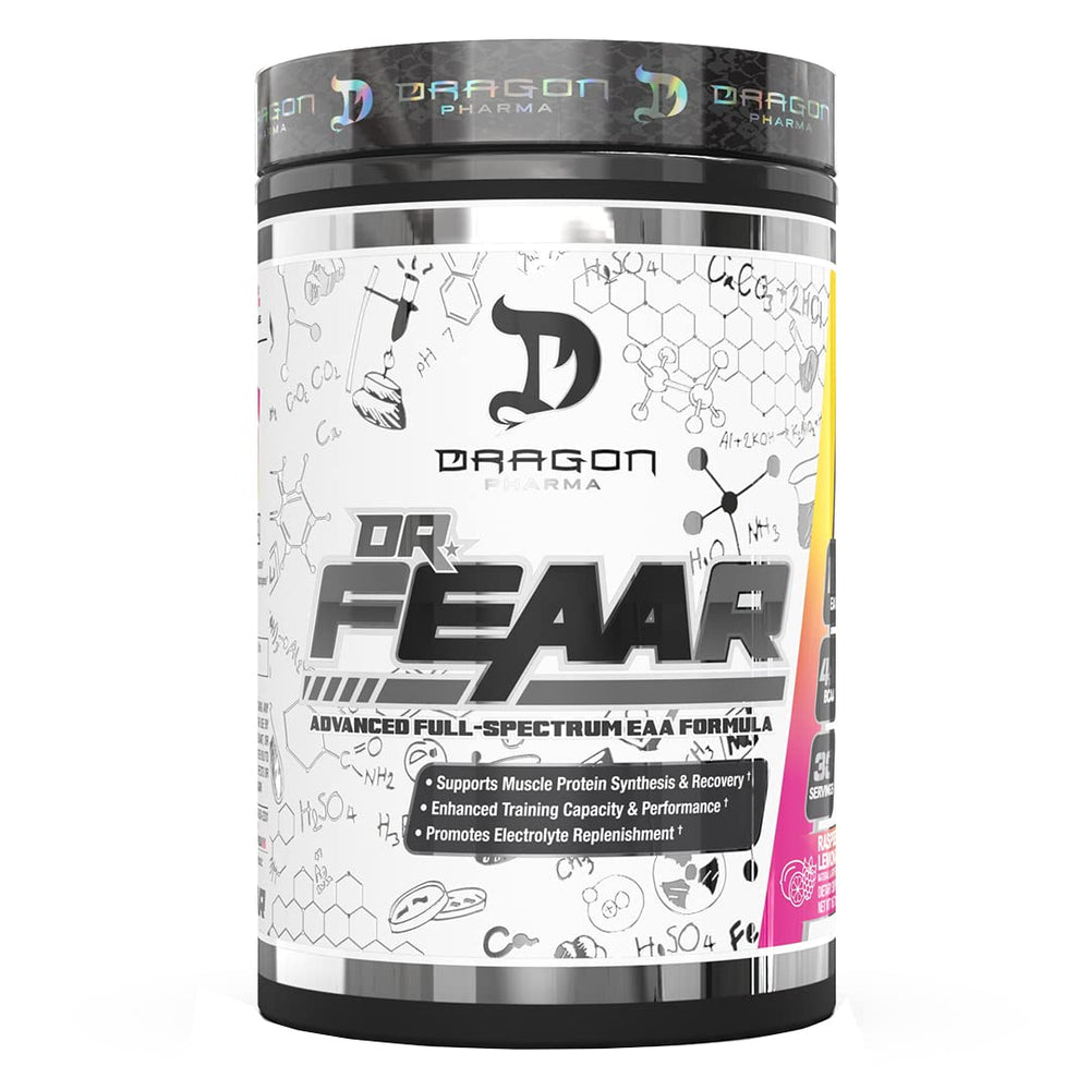 DRAGON PHARMA Dr. FEAAR bottle with scoop ready for pre-workout.
