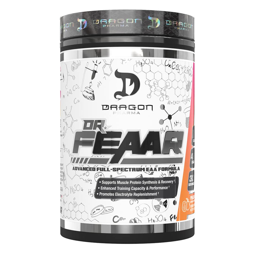 DRAGON PHARMA Dr. FEAAR full-spectrum bottle illustrates the complete amino acid matrix for training support.