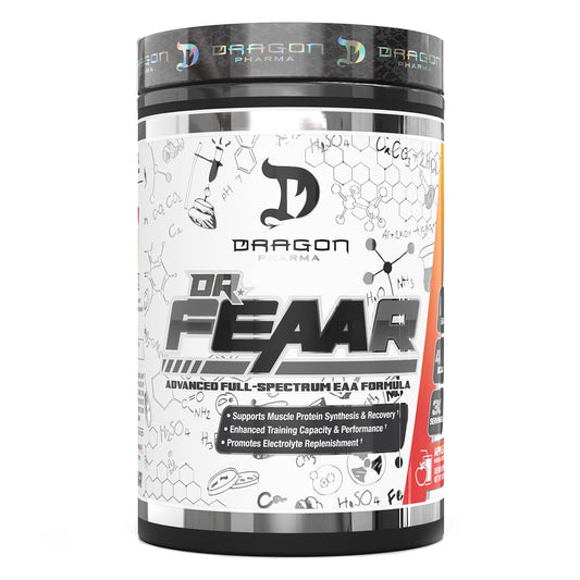 Dragon Pharma DR. FEAAR bottle showing full-spectrum EAA formula for recovery support.
