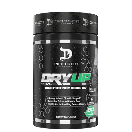 Dragon Pharma DryUp bottle close-up showing capsules for a lean look.