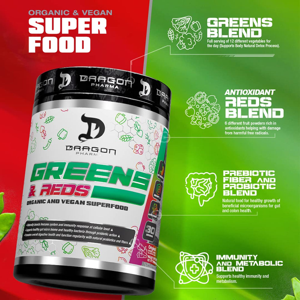 Dragon Pharma Greens and Reds bottle with glass for quick daily boost