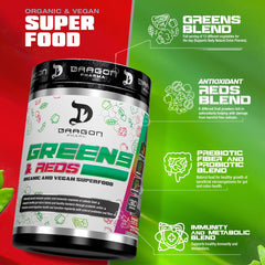 Dragon Pharma Greens and Reds bottle with glass for quick daily boost