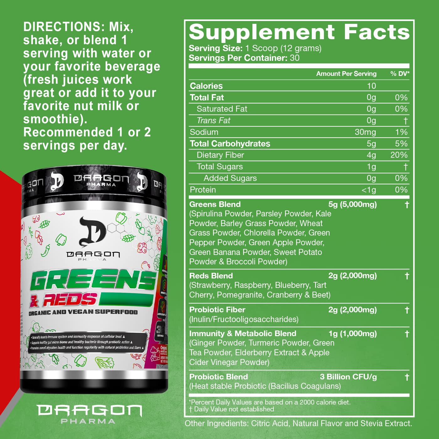 Dragon Pharma Greens and Reds box display highlights organic ingredients for convenient daily nutrition