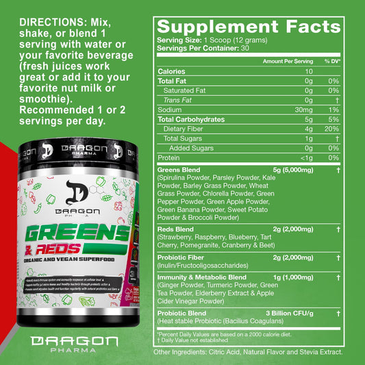 Dragon Pharma Greens and Reds box display highlights organic ingredients for convenient daily nutrition