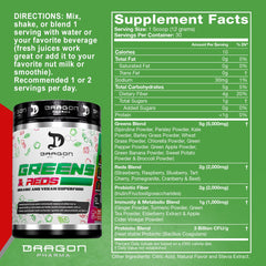 Dragon Pharma Greens and Reds box display highlights organic ingredients for convenient daily nutrition
