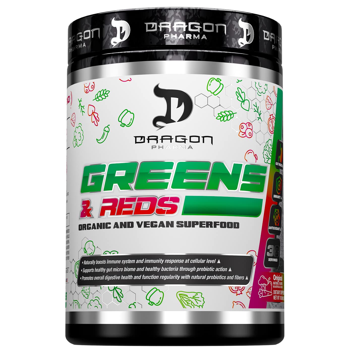 Dragon Pharma Greens and Reds canister front view shows premium organic blend for daily wellness