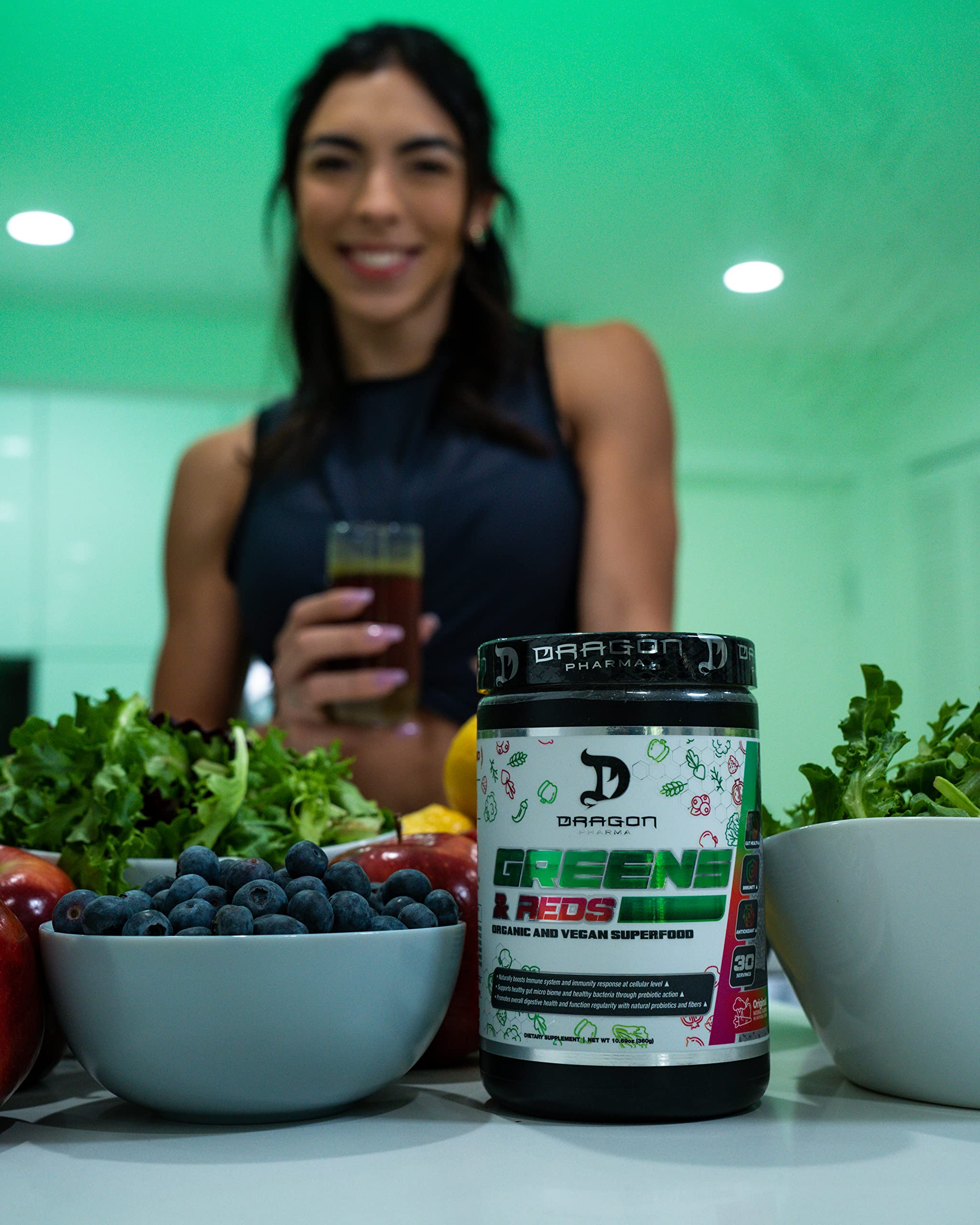 Dragon Pharma Greens and Reds ingredients closeup shows diverse plant-based superfoods