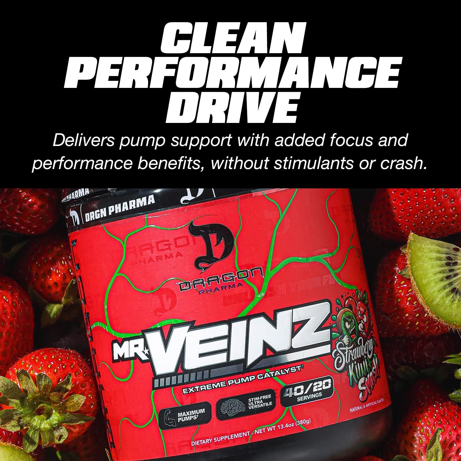 Dragon Pharma Mr. Veinz label closeup shows premium stimulant-free formula for pumps