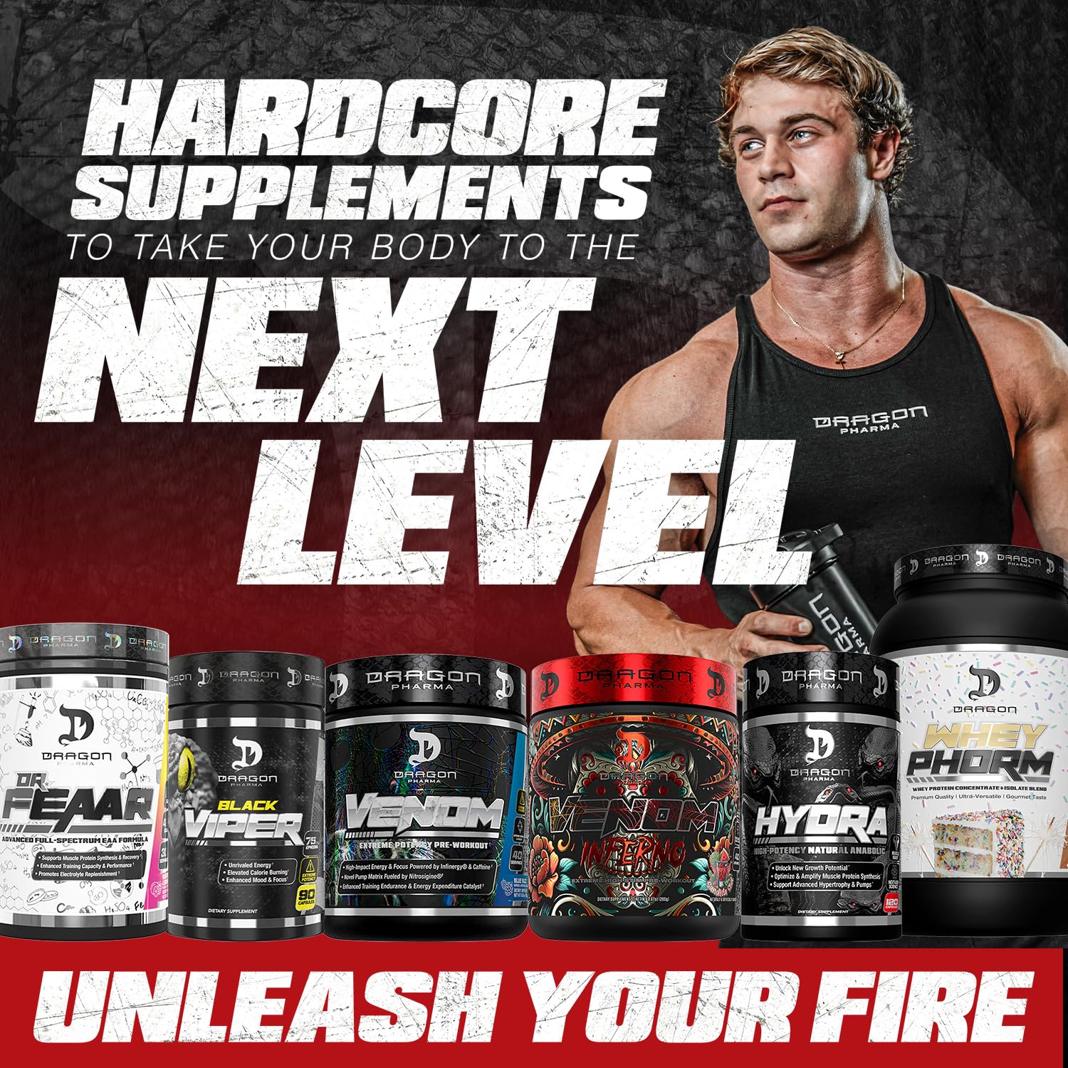 Dragon Pharma Mr. Veinz tub-front showcases packaging designed for gym shelves