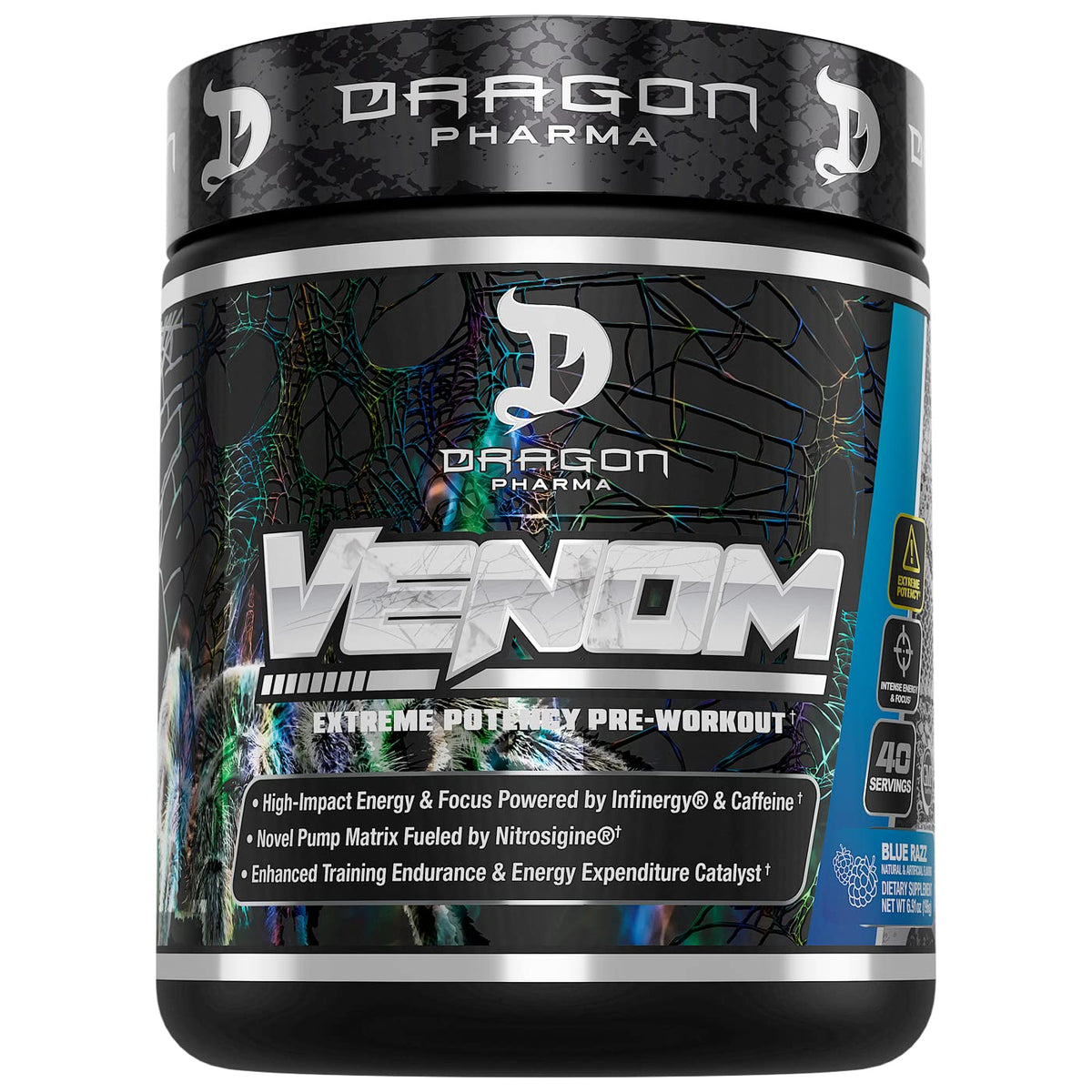DRAGON PHARMA Venom Extreme bottle in blue raspberry flavor for intense pre-workout energy