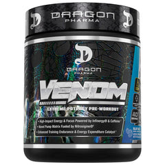DRAGON PHARMA Venom Extreme bottle in blue raspberry flavor for intense pre-workout energy